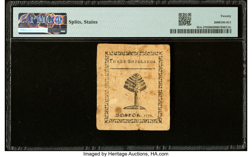 image for: Dec 1, 1779 Massachussetts 3s PMG VF20 (Fr. MA270)