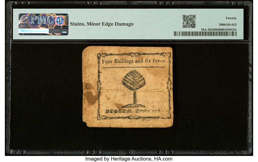 image for: Oct 16, 1778 Massachussetts 4s6d PMG VF20 (Fr. MA265)