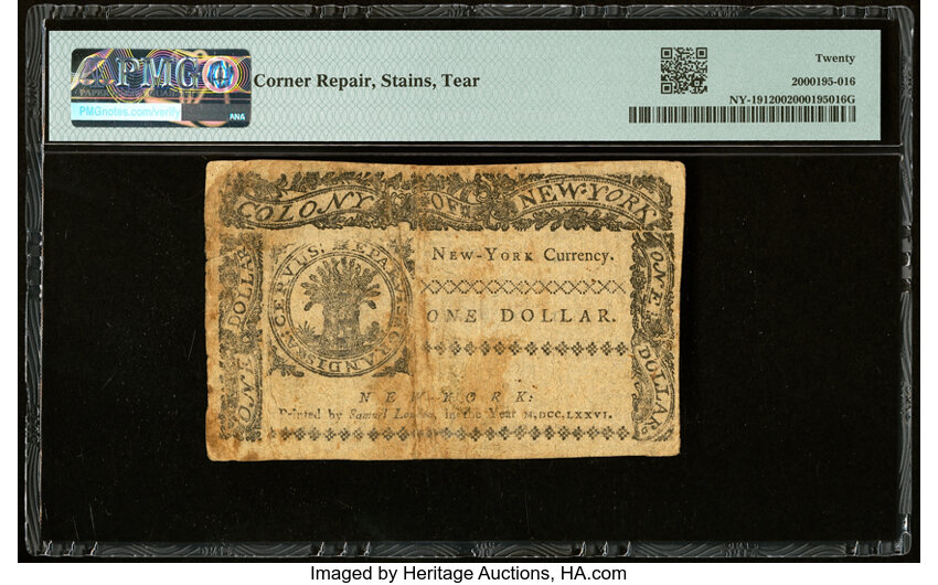 image for: Mar 5, 1776 New York $1  PMG VF20 (Fr. NY191)