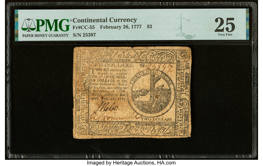image for: Continental Currency February 26, 1777 $2 PMG Very Fine 25....