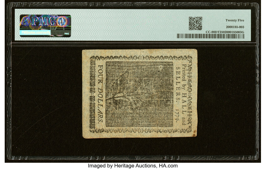 image for: Continental Currency January 14, 1779 $4 Counterfeit Detector PMG Very Fine 25....