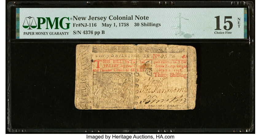 image for: New Jersey May 1, 1758 30s PMG Choice Fine 15 Net....