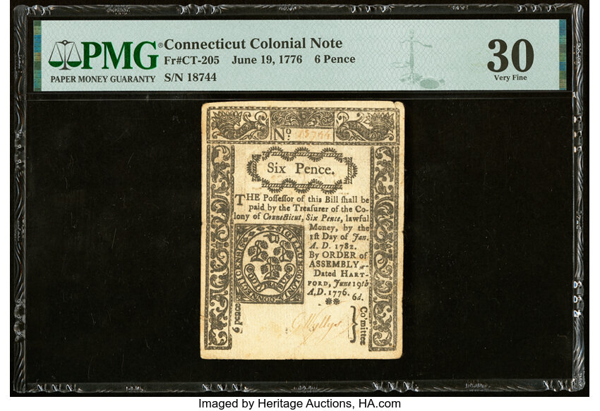 image for: Connecticut June 19, 1776 6d PMG Very Fine 30....