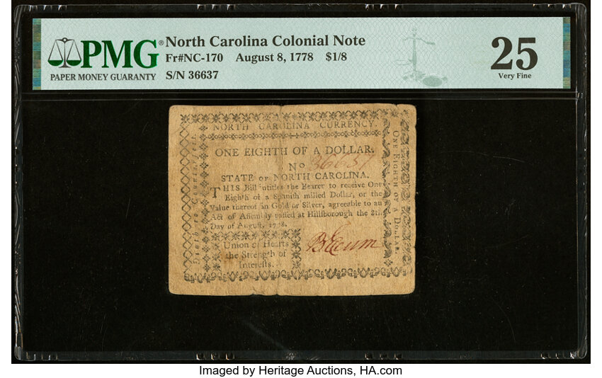 image for: North Carolina August 8, 1778 $1/8 Union of Hearts the Strength of Interest PMG Very Fine 25....