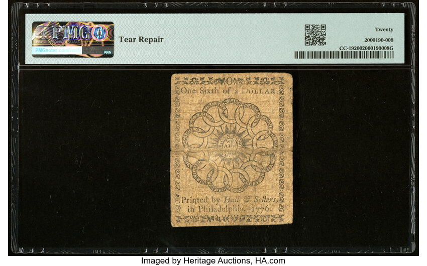 image for: Feb 17, 1776 Continental Currency $1/6 PMG VF20 (Fr. CC19)