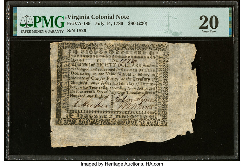 image for: Virginia July 14, 1780 $80 PMG Very Fine 20....