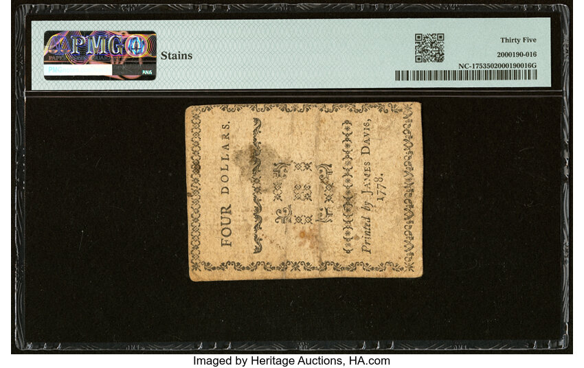 image for: Aug 8, 1778 North Carolina $4  PMG VF35 (Fr. NC175)