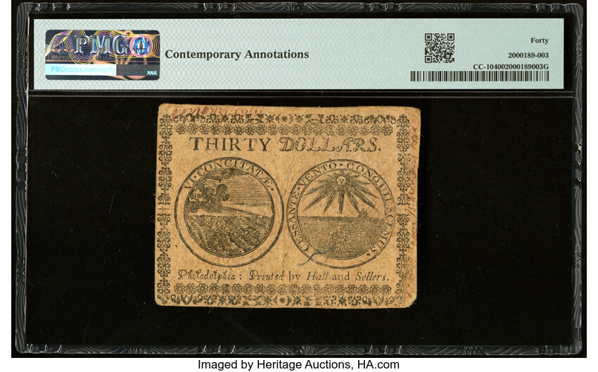 image for: Continental Currency May 10, 1775 $30 PMG Extremely Fine 40....