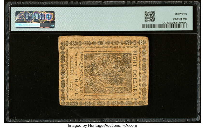 image for: Continental Currency May 10, 1775 $8 PMG Choice Very Fine 35....