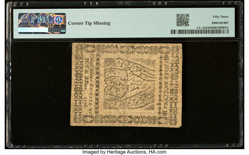 image for: May 9, 1776 Continental Congress $3  PMG AU53 (Fr. CC33)