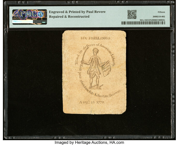 image for: Massachusetts August 18, 1775 6s PMG Choice Fine 15 Net....