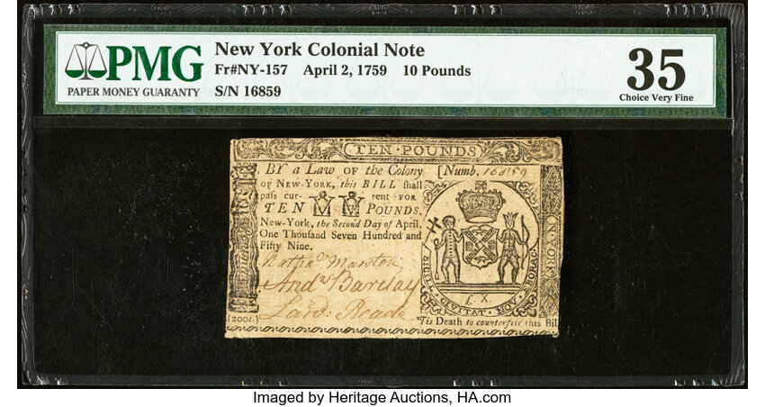 image for: New York April 2, 1759 £10 PMG Choice Very Fine 35....