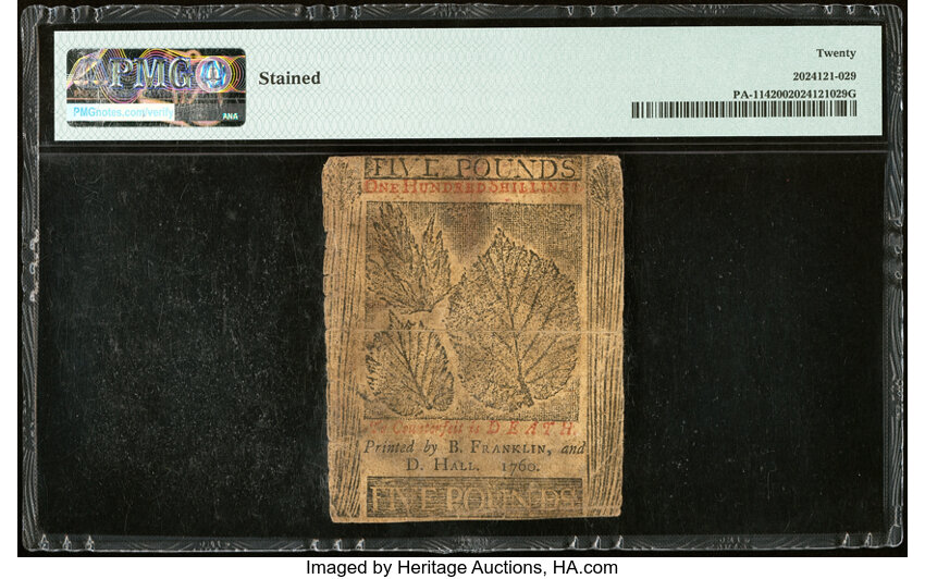 image for: Pennsylvania May 1, 1760 £5 PMG Very Fine 20....