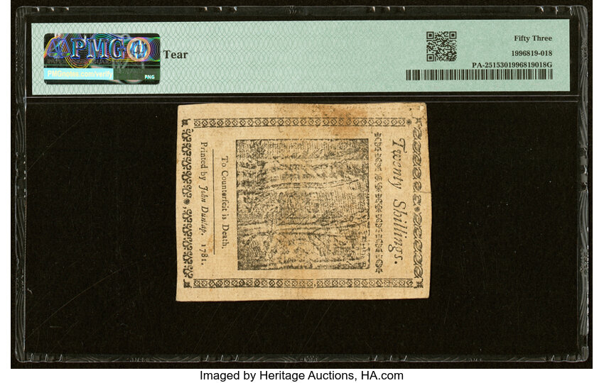 image for: Apr 20, 1781 Pennsylvania 20s PMG AU53 (Fr. PA251)