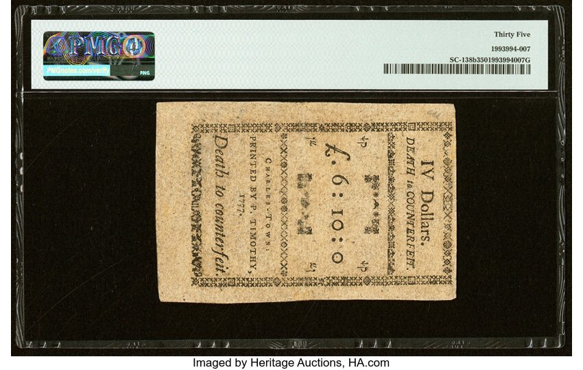 image for: Dec 23, 1776,1777 on the back South Carolina $4  PMG VF35 (Fr. SC138b)