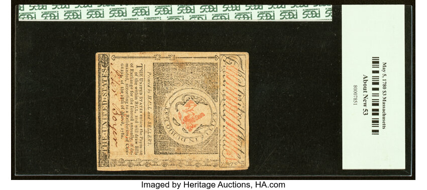 image for: May 5, 1780 Massachussetts $3  PCGS AU53 (Fr. MA280)