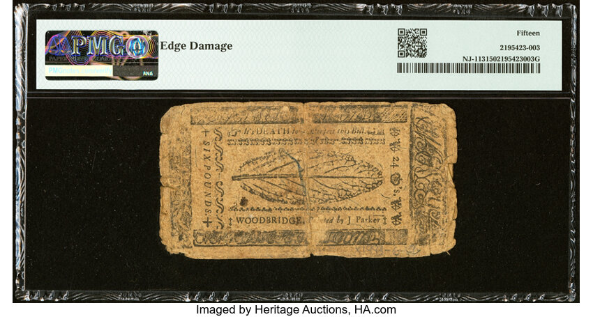 image for: Nov 20, 1757 New Jersey £6 PMG F15 (Fr. NJ113)