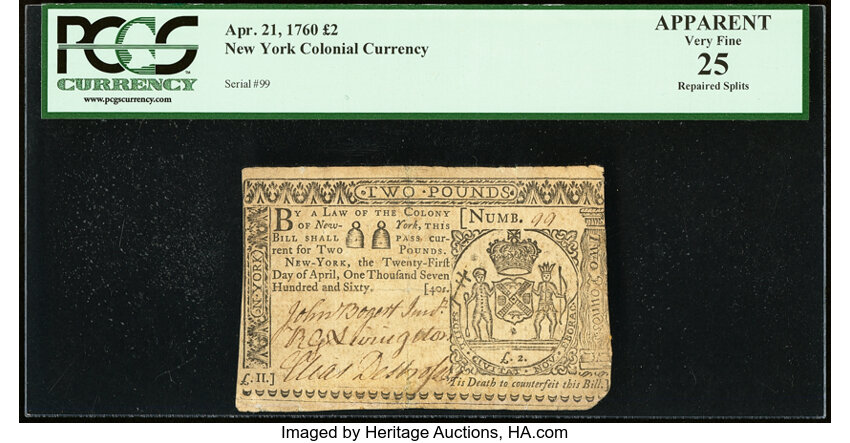 image for: New York April 21, 1760 £2 PCGS Apparent Very Fine 25....