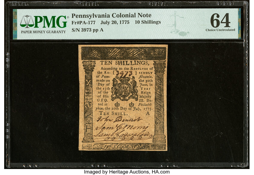 image for: Pennsylvania July 20, 1775 10s PMG Choice Uncirculated 64....