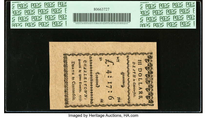 image for: Dec 23, 1776,1777 on the back South Carolina $3  PCGS CU65 (Fr. SC137)