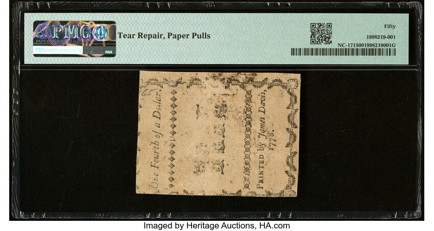 image for: Aug 8, 1778 North Carolina $1/4 PMG AU50 (Fr. NC171)