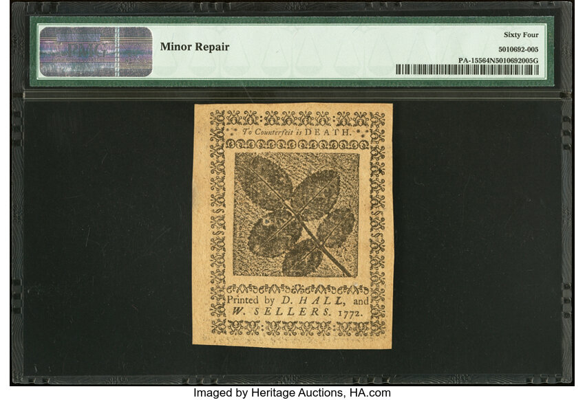 image for: Apr 3, 1772 Pennsylvania 18d PMG CU64 (Fr. PA155)