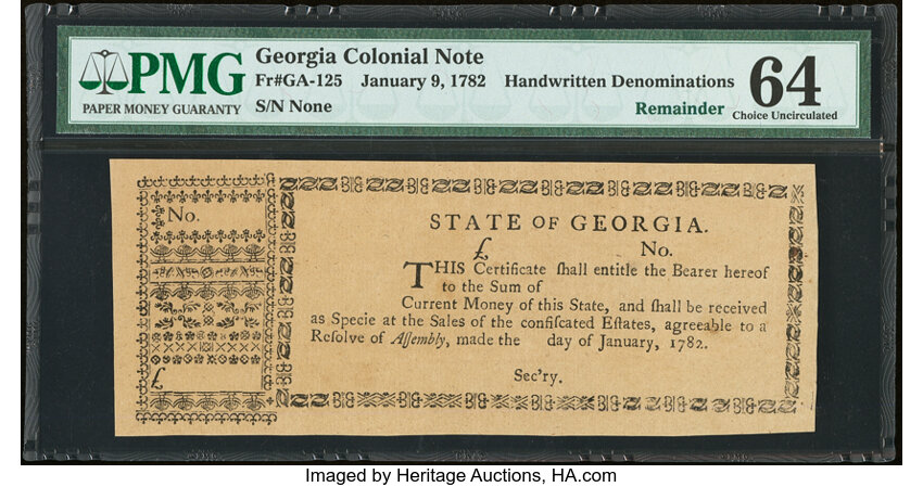 image for: Georgia January 9, 1782 Hand-written Remainder PMG Choice Uncirculated 64....
