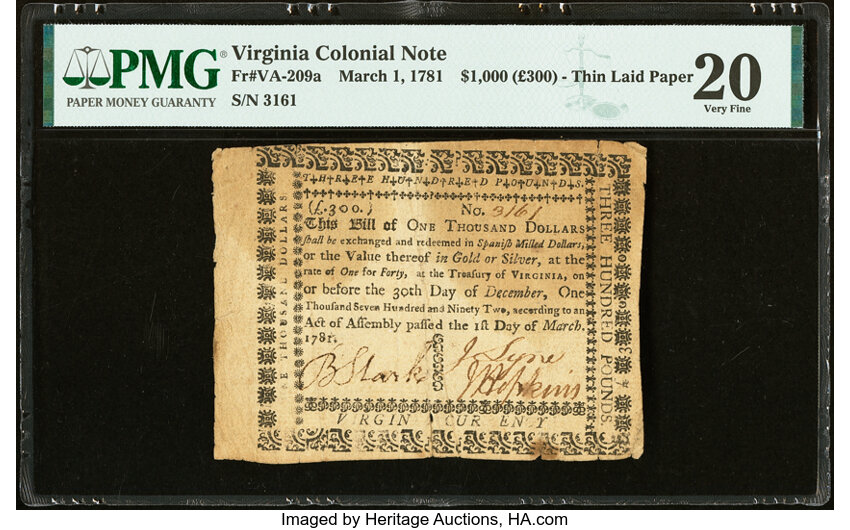 image for: Virginia March 1, 1781 $1,000 printed on thin laid paper PMG Very Fine 20....