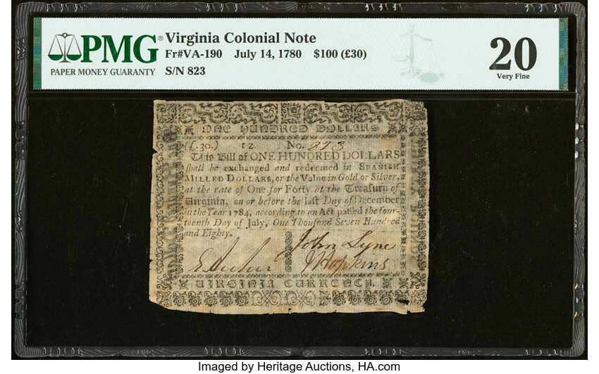 image for: Virginia July 14, 1780 $100 PMG Very Fine 20....