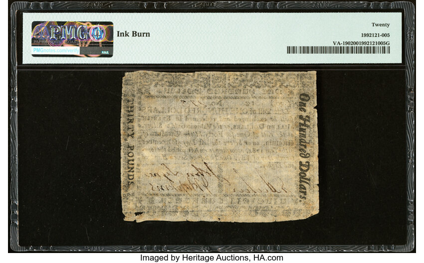 image for: Virginia July 14, 1780 $100 PMG Very Fine 20....