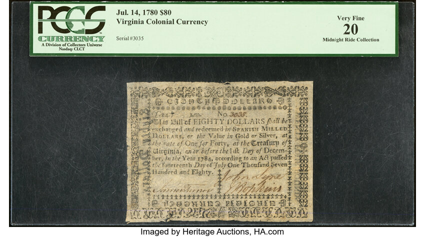 image for: Virginia July 14, 1780 $80 PCGS Very Fine 20....