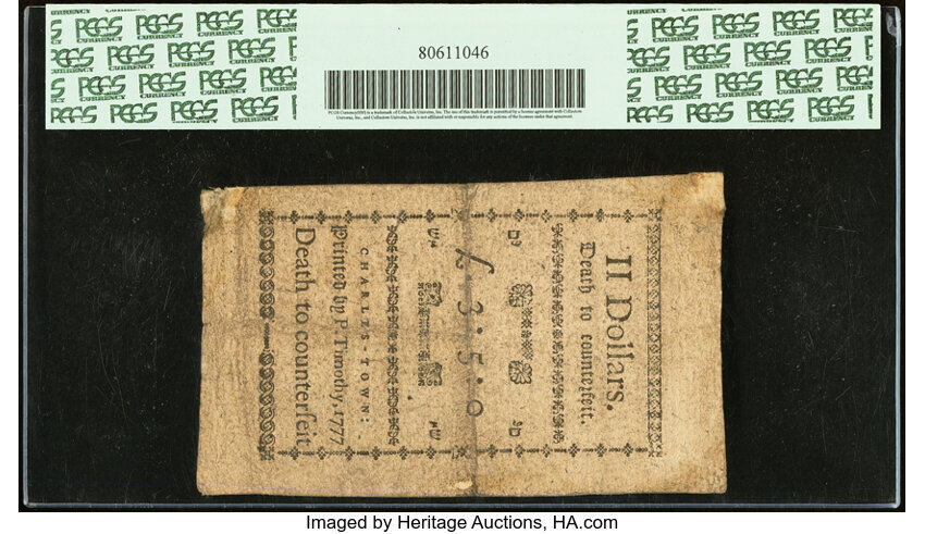 image for: Dec 23, 1776,1777 on the back South Carolina $2  PCGS VF30 (Fr. SC136a)