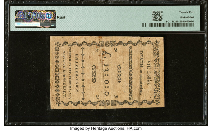 image for: Dec 23, 1776,1777 on the back South Carolina $8  PMG VF25 (Fr. SC141)
