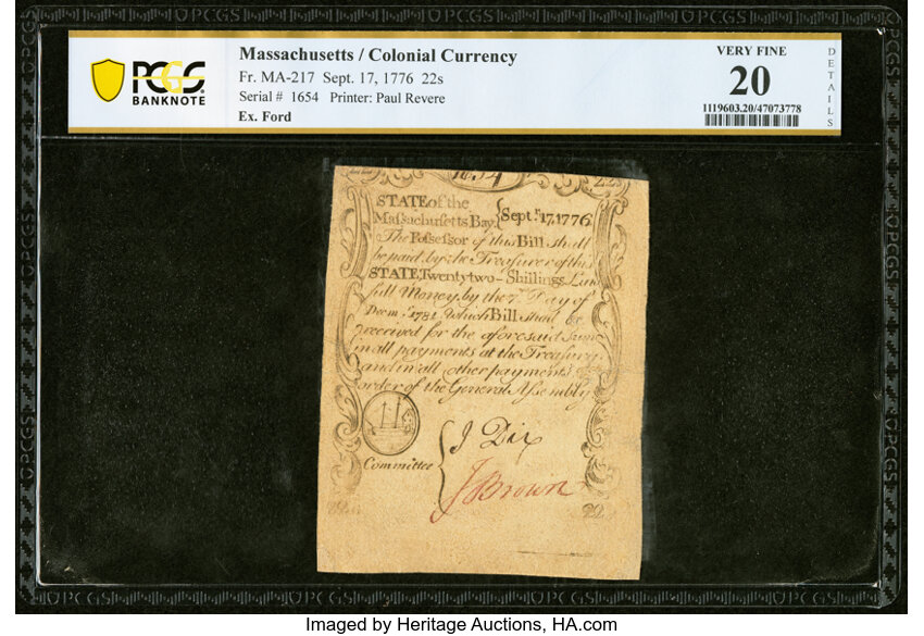 image for: Massachusetts September 17, 1776 22s PCGS Banknote Very Fine 20 Details....