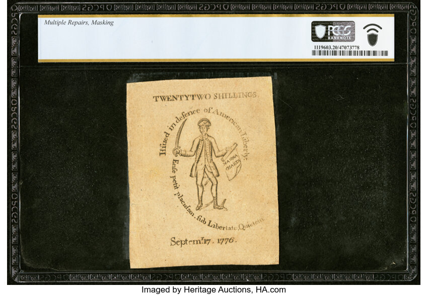 image for: Massachusetts September 17, 1776 22s PCGS Banknote Very Fine 20 Details....