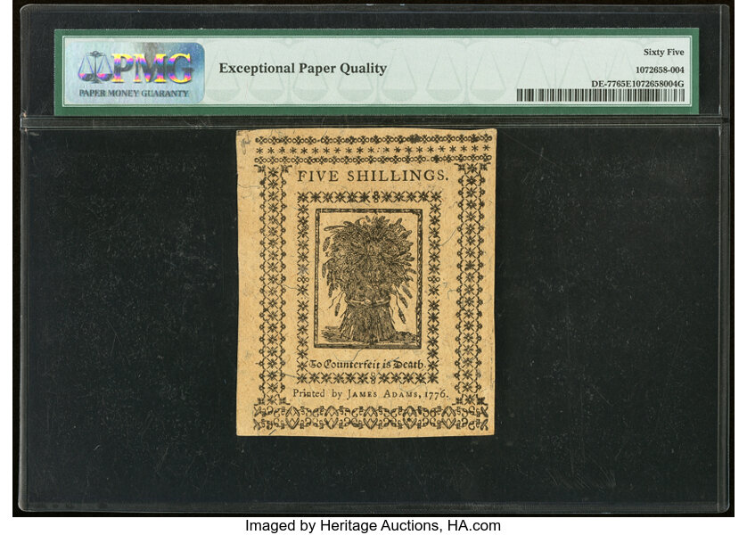 image for: Delaware January 1, 1776 5s PMG Gem Uncirculated 65 EPQ....