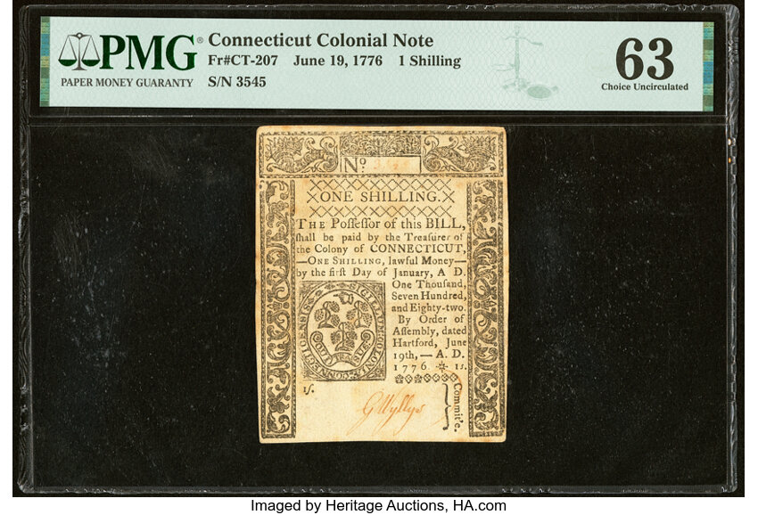 image for: Uncanceled Connecticut June 19, 1776 1s PMG Choice Uncirculated 63....