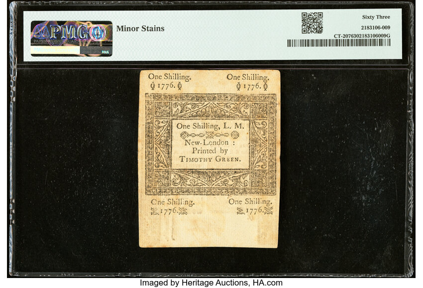 image for: Uncanceled Connecticut June 19, 1776 1s PMG Choice Uncirculated 63....
