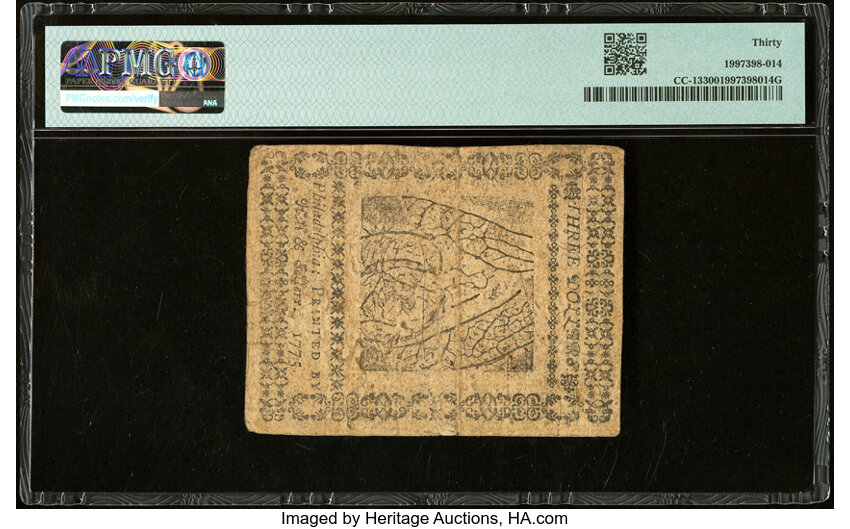 image for: Nov 29, 1775 Continental Currency $3  PMG VF30 (Fr. CC13)