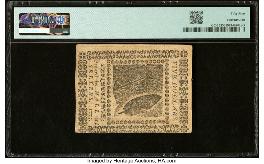 image for: Nov 29, 1775 Continental Currency $5  PMG AU55 (Fr. CC15)