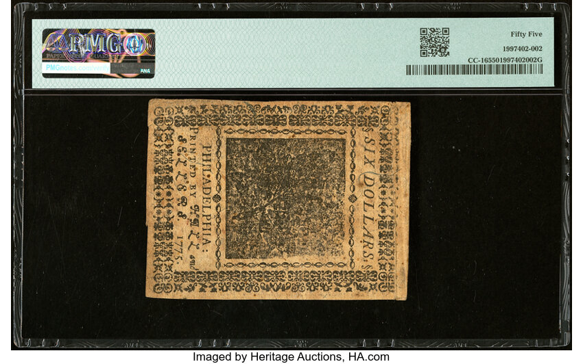 image for: Nov 29, 1775 Continental Currency $6  PMG AU55 (Fr. CC16)
