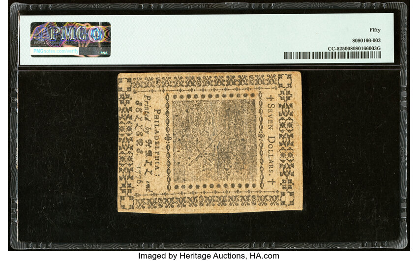 image for: Continental Currency November 2, 1776 $7 PMG About Uncirculated 50....
