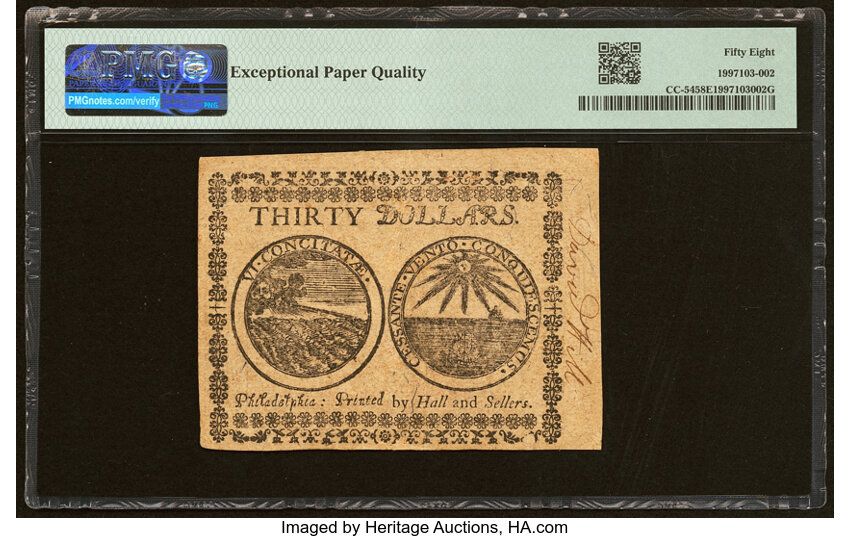 image for: Nov 2, 1776 Continental Congress $30  PMG AU58 (Fr. CC54)