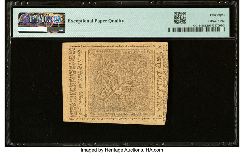 image for: Continental Currency September 26, 1778 $40 PMG Choice About Unc 58 EPQ....