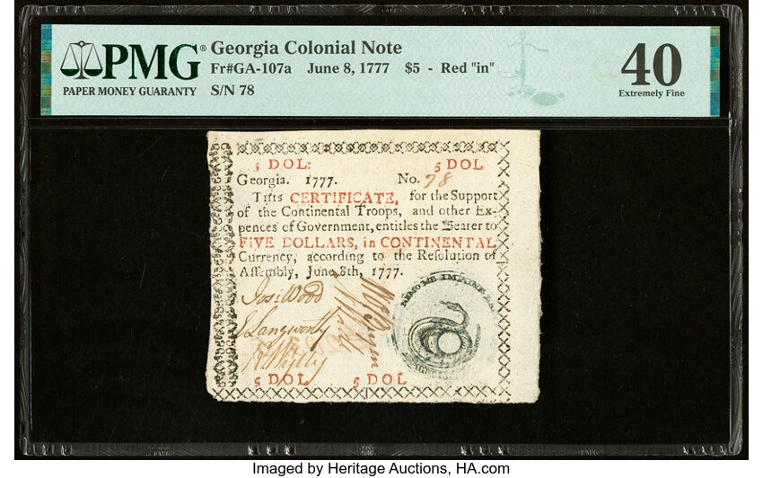 image for: Georgia June 8, 1777 $5 PMG Extremely Fine 40....