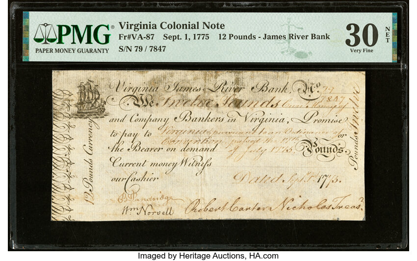 image for: Virginia September 1, 1775 £12 PMG Very Fine 30 Net....