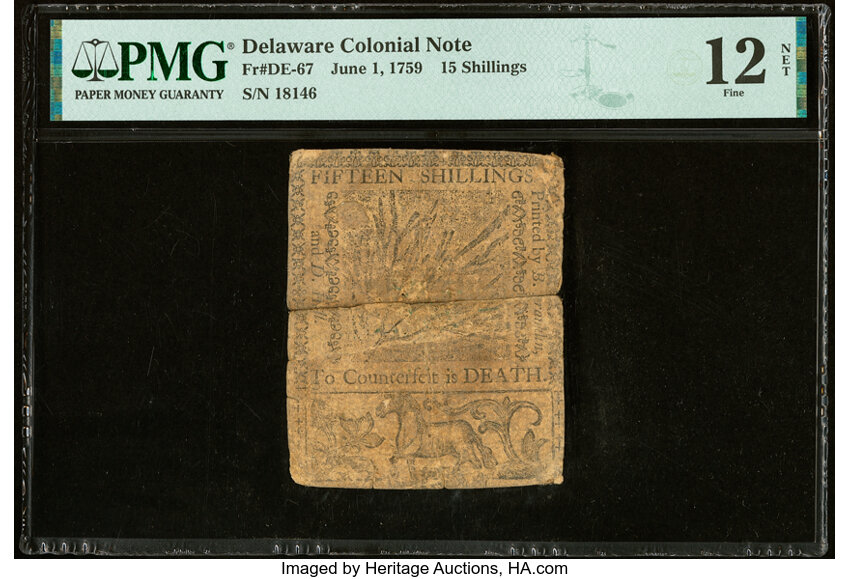 image for: Delaware June 1, 1759 15s PMG Fine 12 Net....