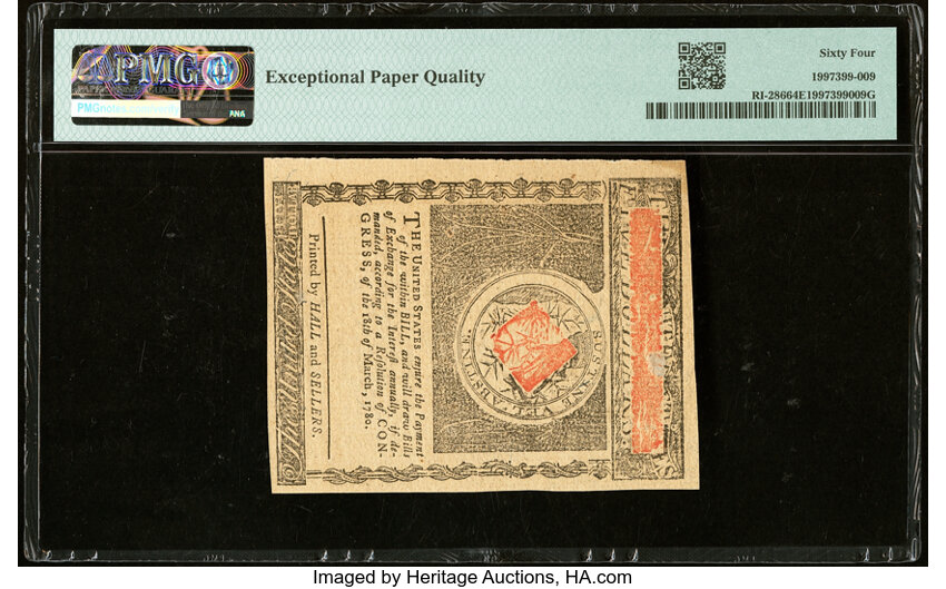 image for: Rhode Island July 2, 1780 $5 Remainder PMG Choice Uncirculated 64 EPQ....