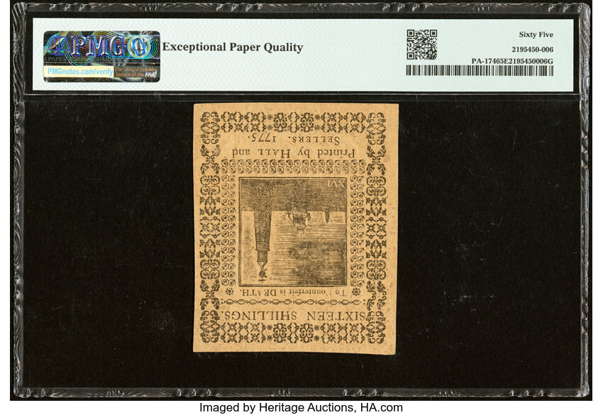 image for: Mar 25, 1775 Pennsylvania 16s PMG CU65 (Fr. PA174)