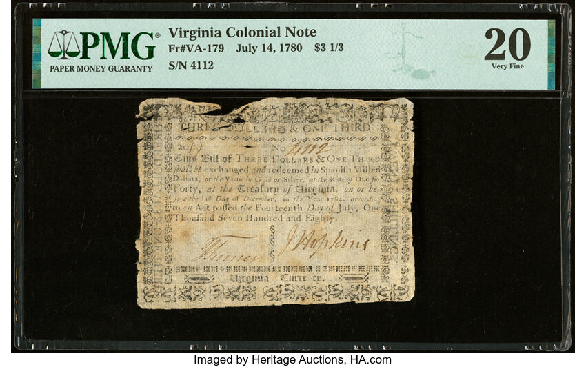 image for: Virginia July 14, 1780 $3-1/3 PMG Very Fine 20....
